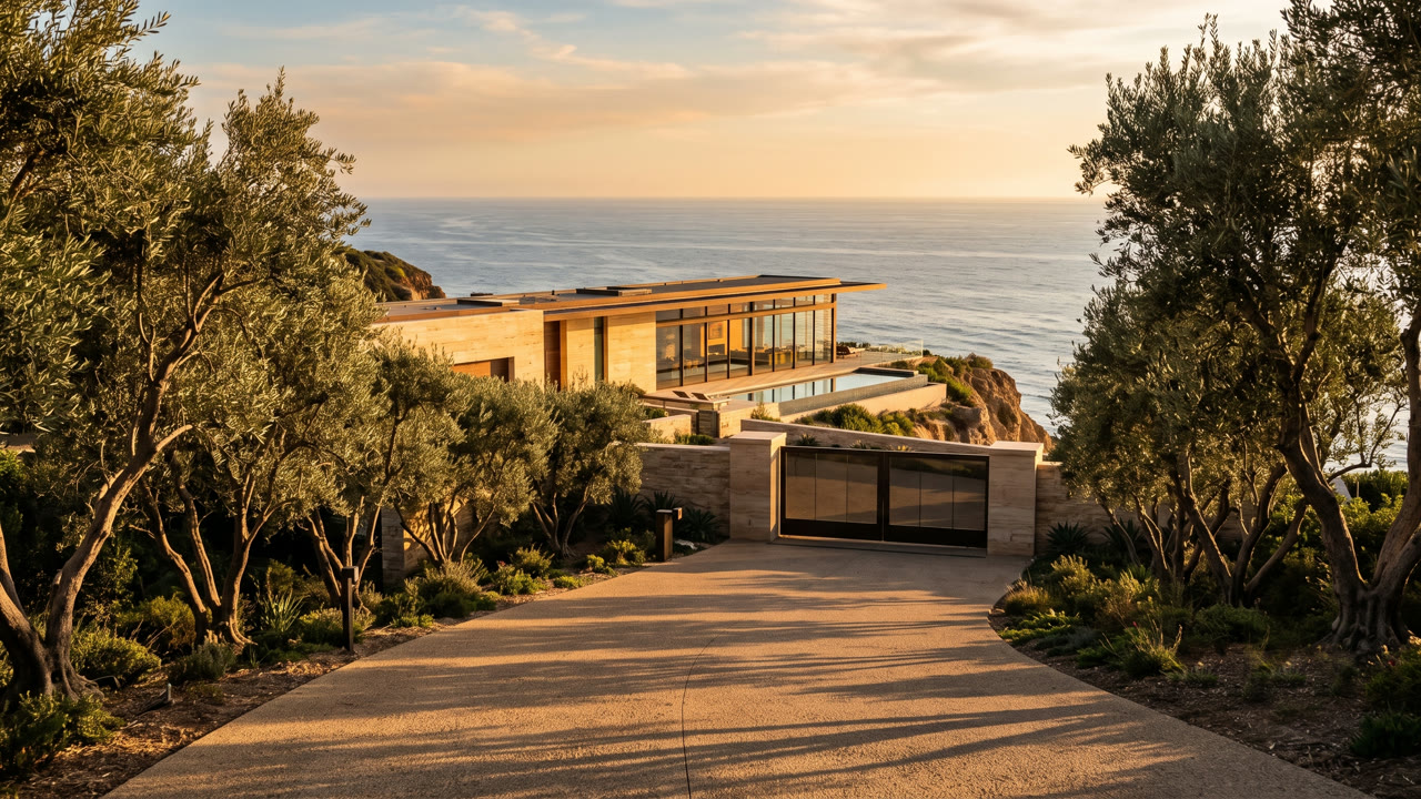 The private approach to a coastal estate at golden hour