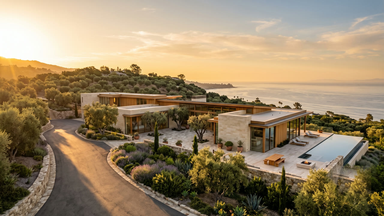 Sprawling Montecito hillside estate with olive groves at golden hour