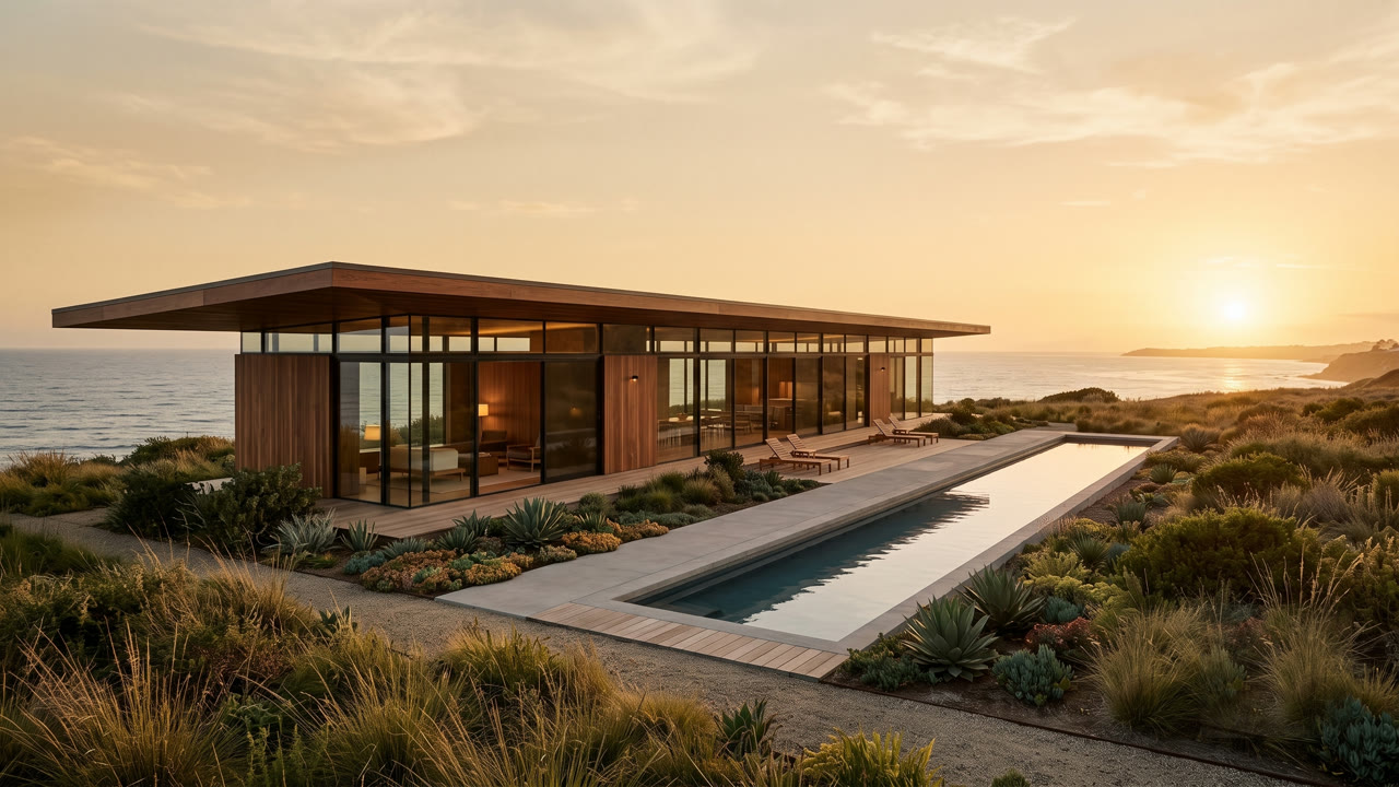 Long low glass-and-wood pavilion with a lap pool on an ocean bluff